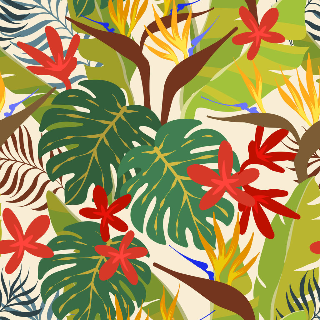 Απρόσκοπτη τροπικό μοτίβο. Φύλλα μπανάνας, φοίνικας και λουλούδια. Bird of paradise αφηρημένη εκτύπωση - Διάνυσμα, εικόνα