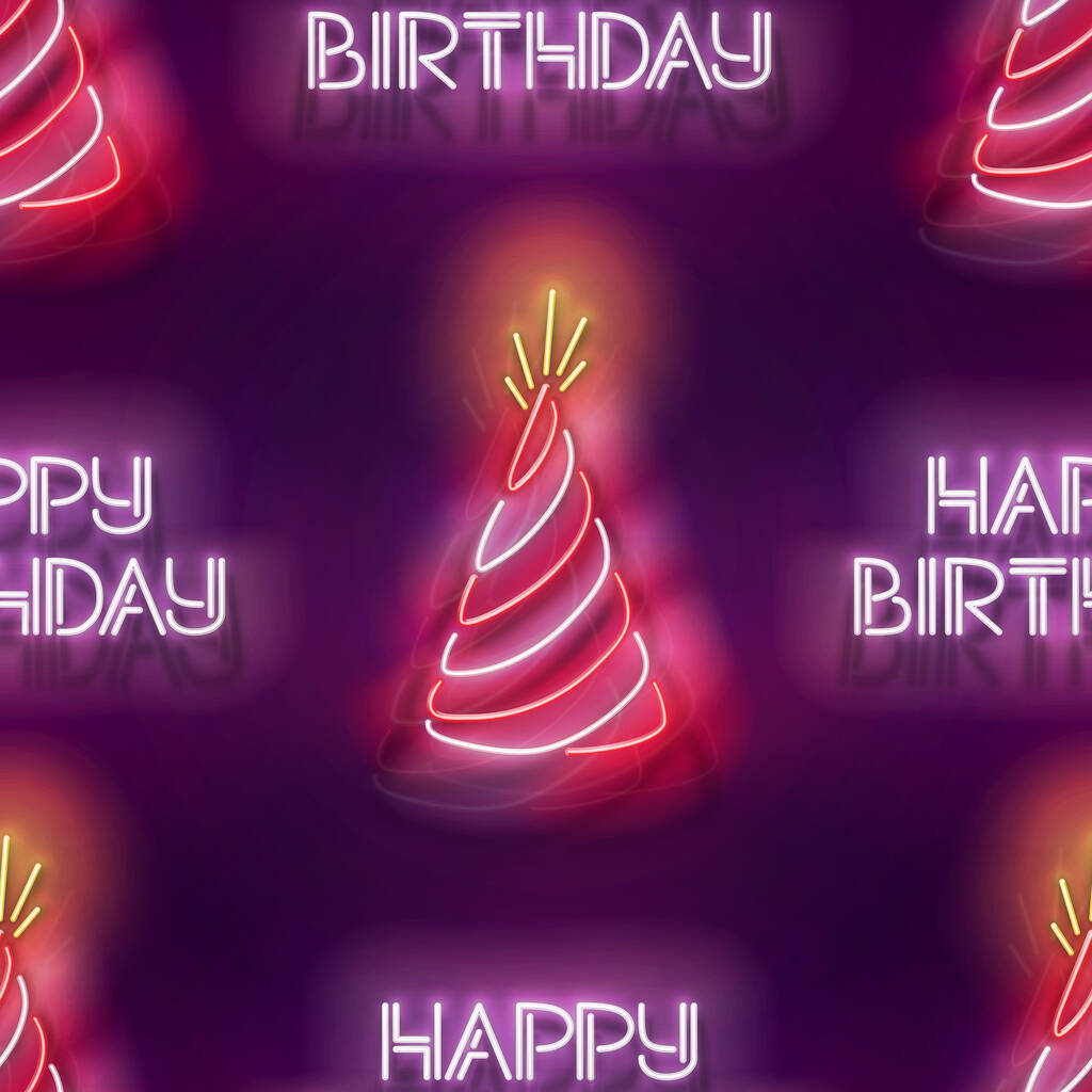 Απρόσκοπτη μοτίβο με λάμψη Holiday Hat και επιγραφή. Χαρούμενα γενέθλια και γιορτινή διάθεση. Neon Light Texture, πινακίδα. Γυαλιστερό φόντο. Εικονογράφηση διάνυσμα 3d - Διάνυσμα, εικόνα