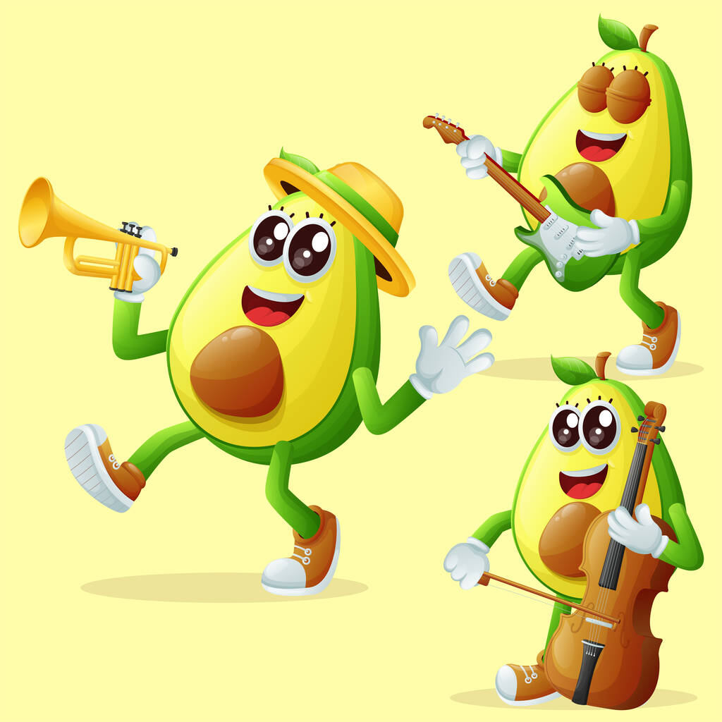 Σύνολο χαριτωμένο χαρακτήρες αβοκάντο παίζει μουσικά όργανα. Ιδανικό για παιδιά, εμπορεύματα και stick - Διάνυσμα, εικόνα