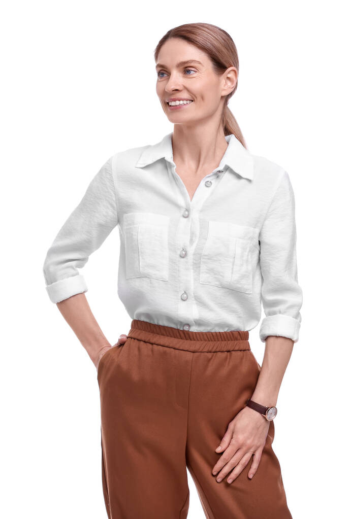 Portrait of beautiful happy businesswoman on white background - Photo, Image