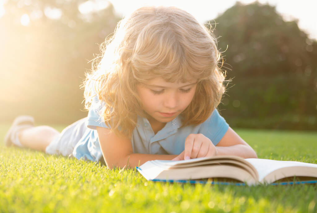 Kid boy reading a book lying on grass. Cute little child in casual clothes reading a book and smiling while lying on grass in park. Smart clever Kids - Fotoğraf, Görsel
