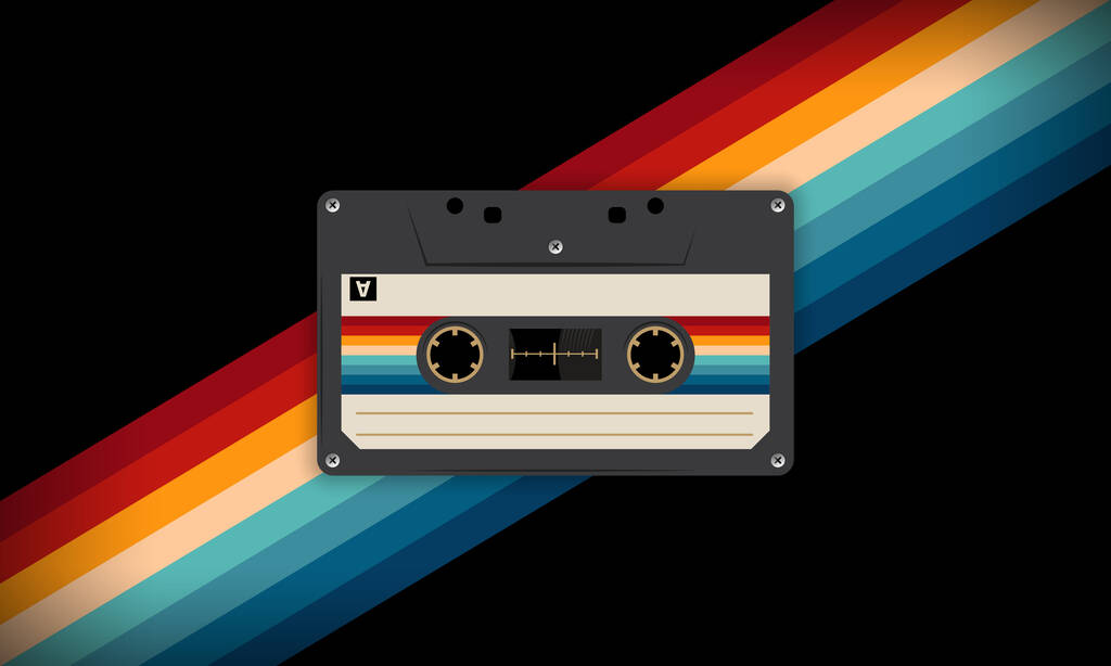 Retro musiccasette s retro barvami osmdesátých let styl, kazetová páska, vektorový obraz ilustrace, mix páska retro kazeta design, hudební vintage a audio téma, Synthwave a vaporwave šablona - Vektor, obrázek