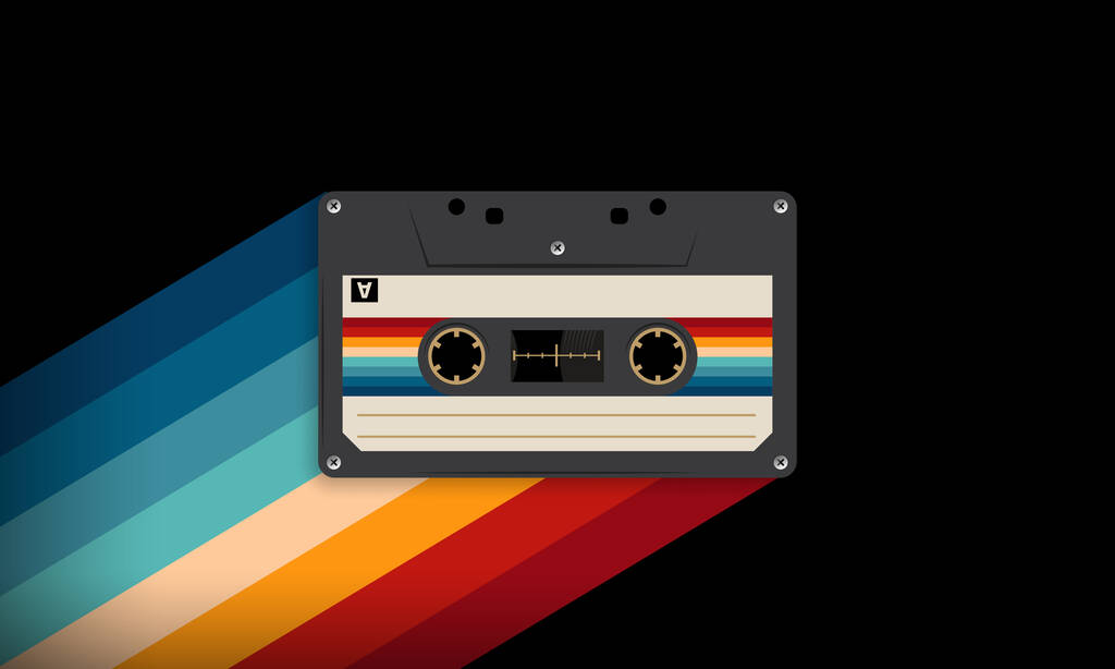 Ретро-музыка в стиле ретро 80-х, кассетная лента, векторная художественная иллюстрация, дизайн ретро-кассеты, музыкальная винтажная и звуковая тема, шаблон Synthwave и vaporwave - Вектор,изображение