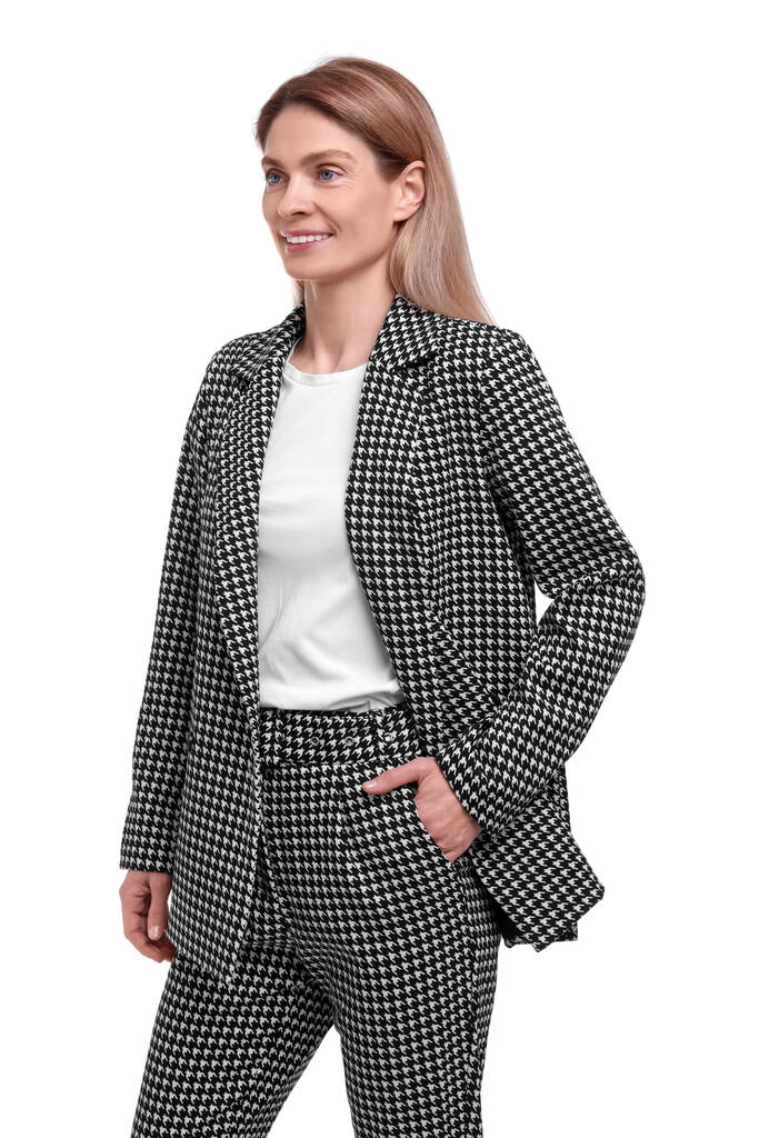 Schöne glückliche Geschäftsfrau im Anzug auf weißem Hintergrund - Foto, Bild