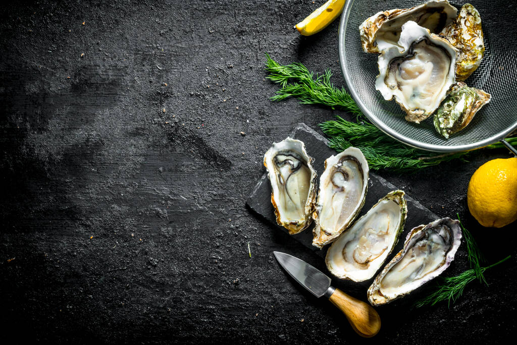 Fresh raw oysters on a stone Board and in a colander with lemon and dill. On black rustic background - Photo, Image