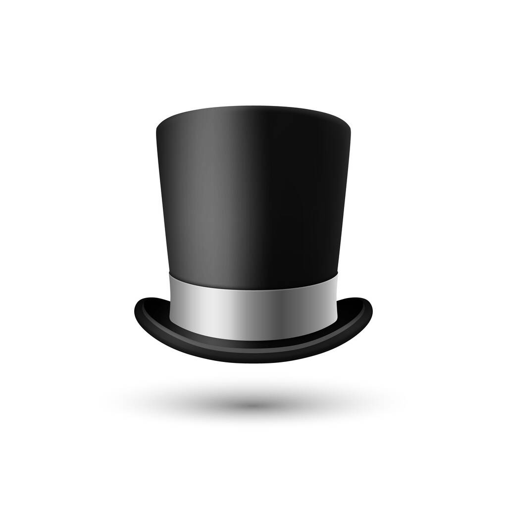 Διάνυσμα 3d Ρεαλιστικό μαύρο Top Hat εικονίδιο με ασημί ταινία χρώμα Closeup Απομονωμένο σε λευκό φόντο. Classic Retro Vintage Top Hat, Vintage κύριοι Mens καπέλο, Front View. - Διάνυσμα, εικόνα