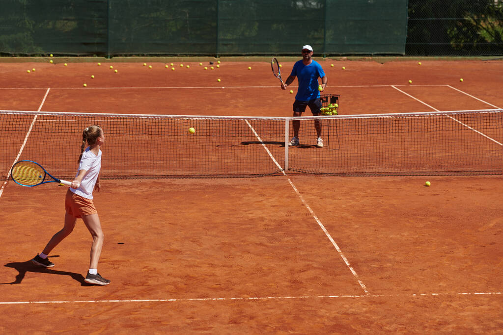 Egy profi teniszező és edzője edz egy napsütéses napon a teniszpályán. A hivatásos teniszező képzése és felkészítése. - Fotó, kép