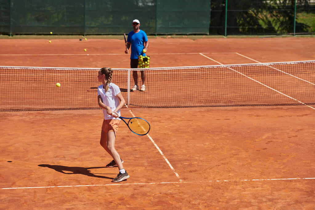 Profesjonalna tenisistka i jej trener trenują w słoneczny dzień na korcie tenisowym. Szkolenie i przygotowanie profesjonalnego tenisisty. - Zdjęcie, obraz