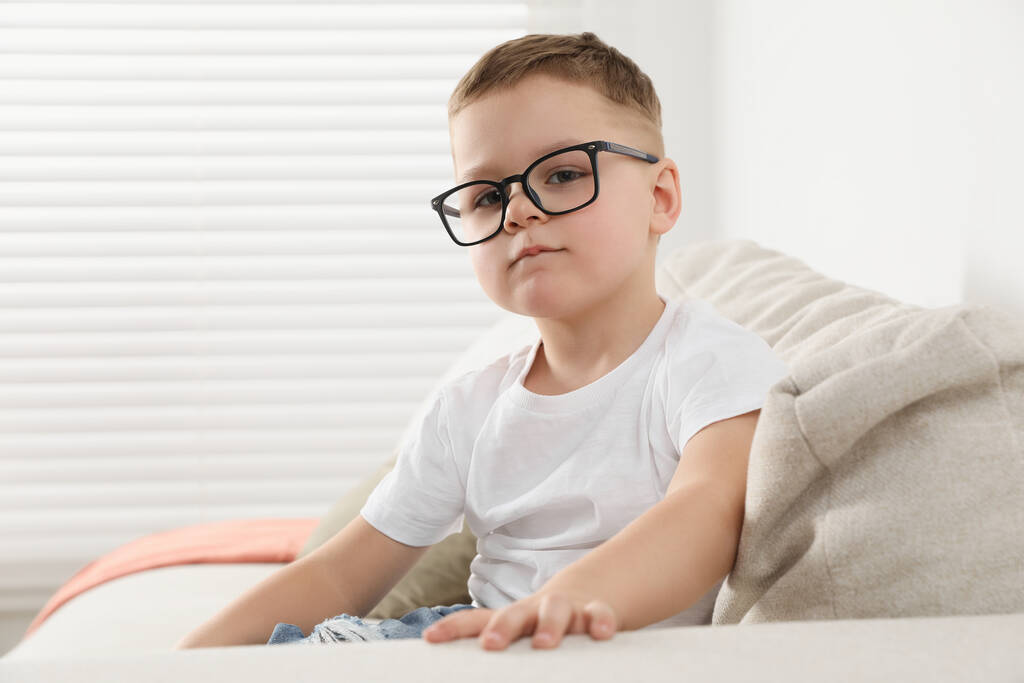 Lindo niño en gafas en el sofá en casa. Espacio para texto - Foto, Imagen