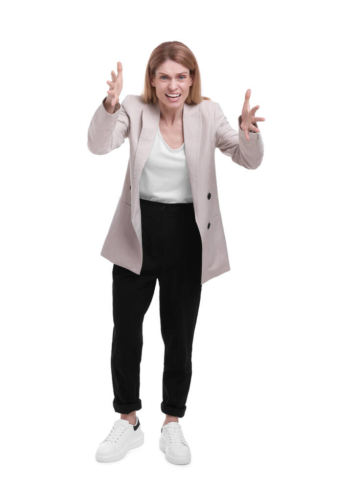 Bonita mulher de negócios zangada posando no fundo branco - Foto, Imagem