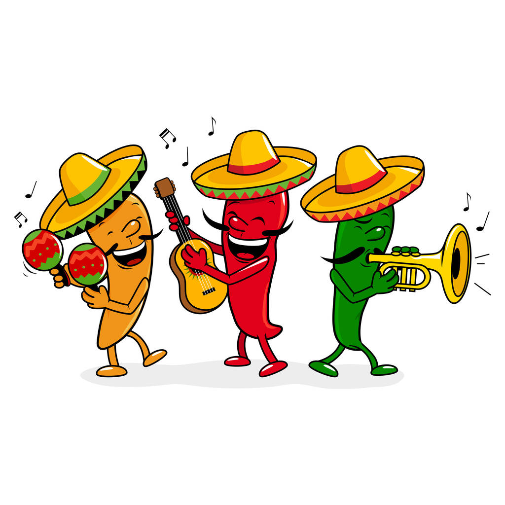 Pimientos mariachi de dibujos animados con sombreros, tocando música con maracas, guitarra y trompeta. Ilustración vectorial - Vector, Imagen