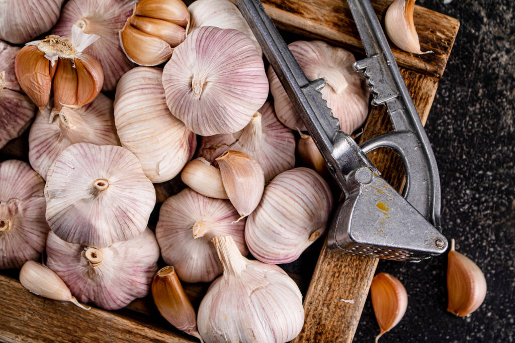 Garlic on a wooden tray with a garlic press. On a black background. High quality photo - 写真・画像