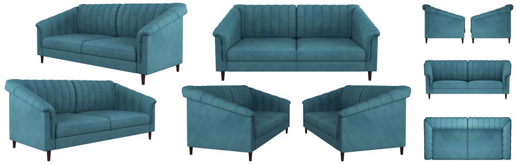 Elegante hermoso sofá con patas en un estilo clásico moderno. Sofá de terciopelo azul. Sofá desde diferentes ángulos. Proyecciones de sofá para diseño, collage, banner. Imagen realista. - Foto, Imagen