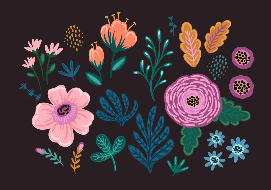 Set of floral design elements. Leaves, flowers, grass, branches Vector illustration - Vector, imagen