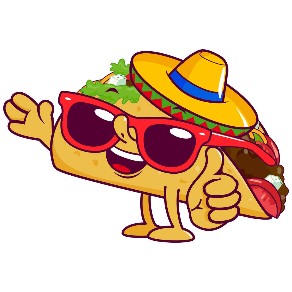 Карикатурный мексиканский тако в шляпе сомбреро и солнцезащитных очках. Векторная иллюстрация - Вектор,изображение