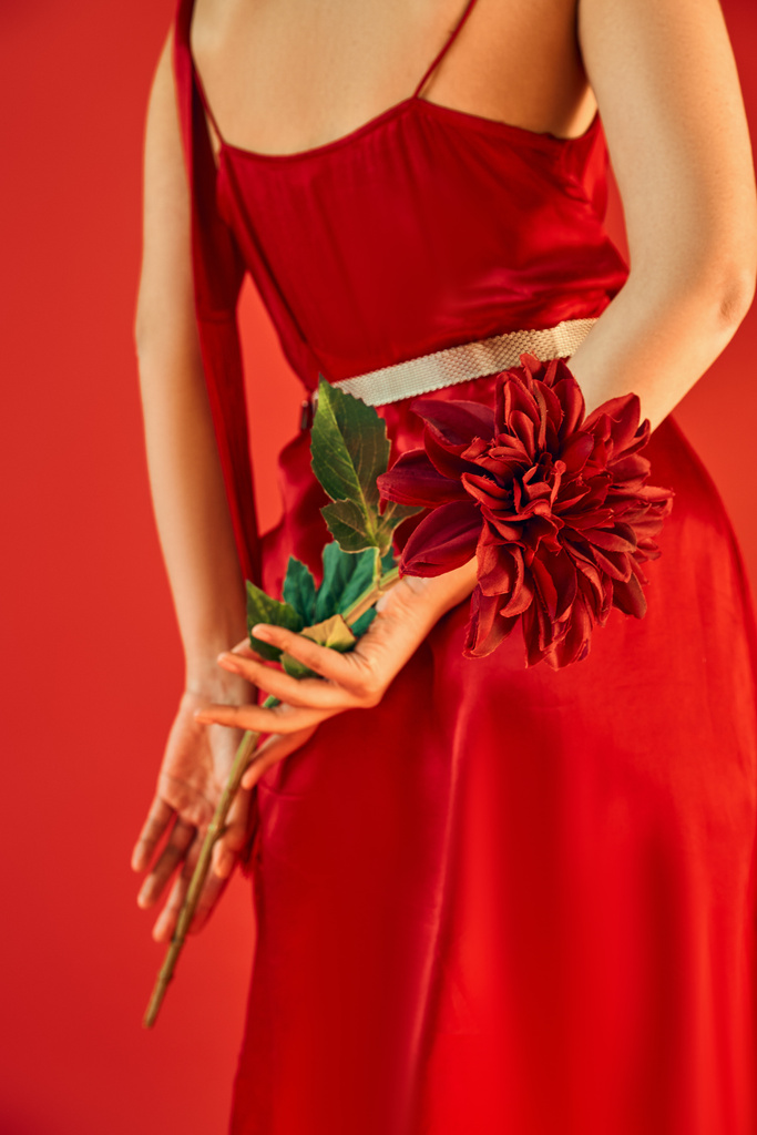обрезанный вид молодой и модной женщины в элегантном платье стоя и держа бордовый пион на красном фоне, поколение z, весенняя концепция моды - Фото, изображение