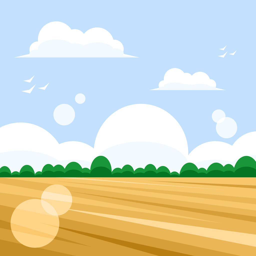 Campo di grano con cielo blu e nuvole bianche. Illustrazione vettoriale. - Vettoriali, immagini