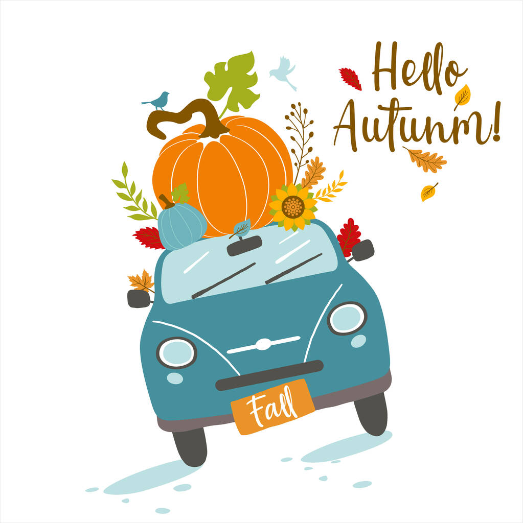 Carte de vœux d'automne vectorielle avec voiture et citrouille, feuilles tombantes et texte Bonjour automne . - Vecteur, image