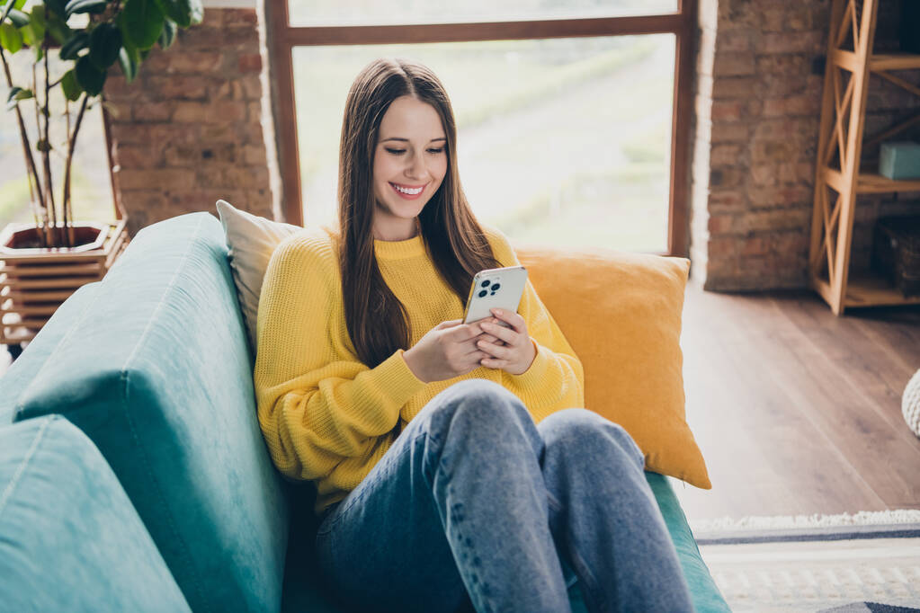 Photo of excited cheerful lady sit couch use smart phone texting typing post enjoy free time living room house indoors. - Photo, Image