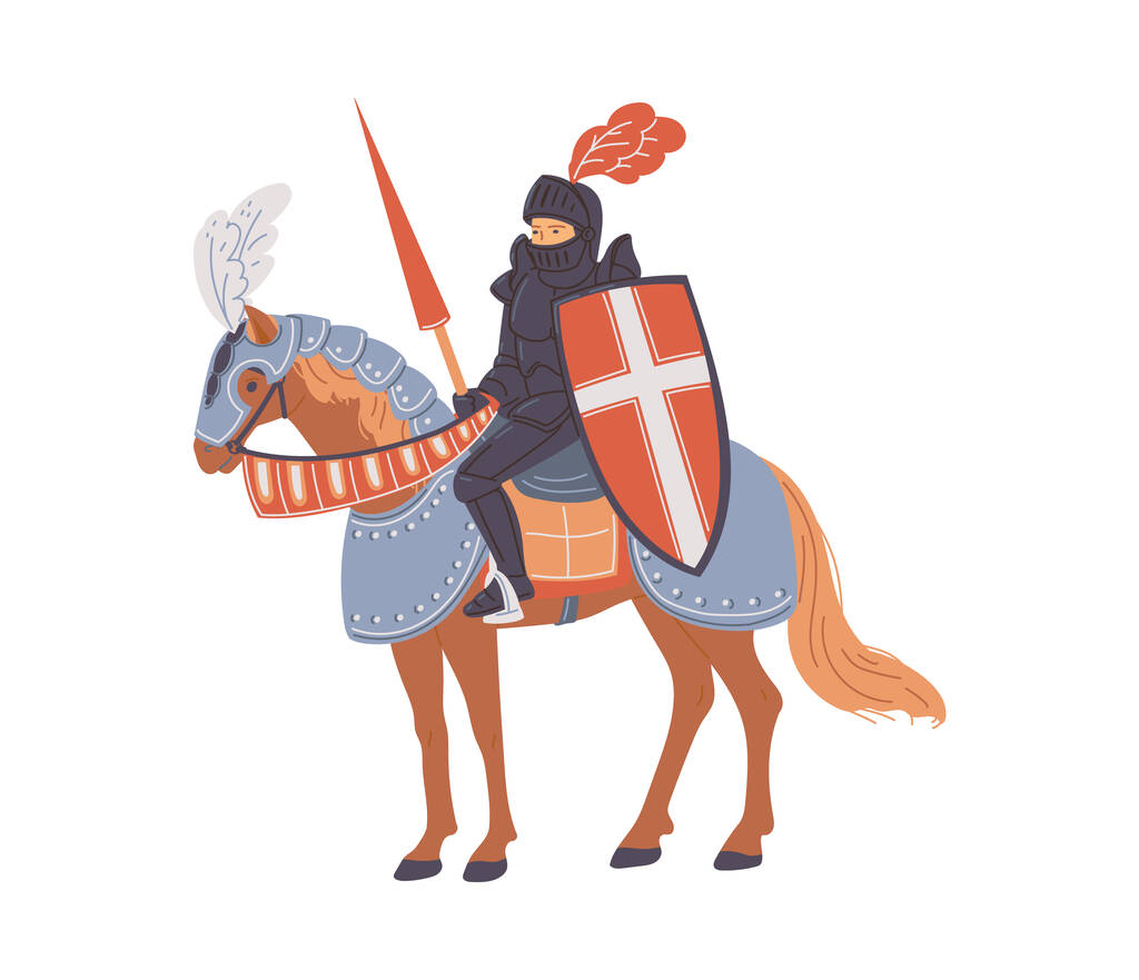 Vector illustratie van middeleeuwse ridder in harnas, speer en schild in de hand zittend op paard in beschermend pak met veer. Cartoon concept van ridderlijkheid Middeleeuwen, geïsoleerd op witte achtergrond - Vector, afbeelding