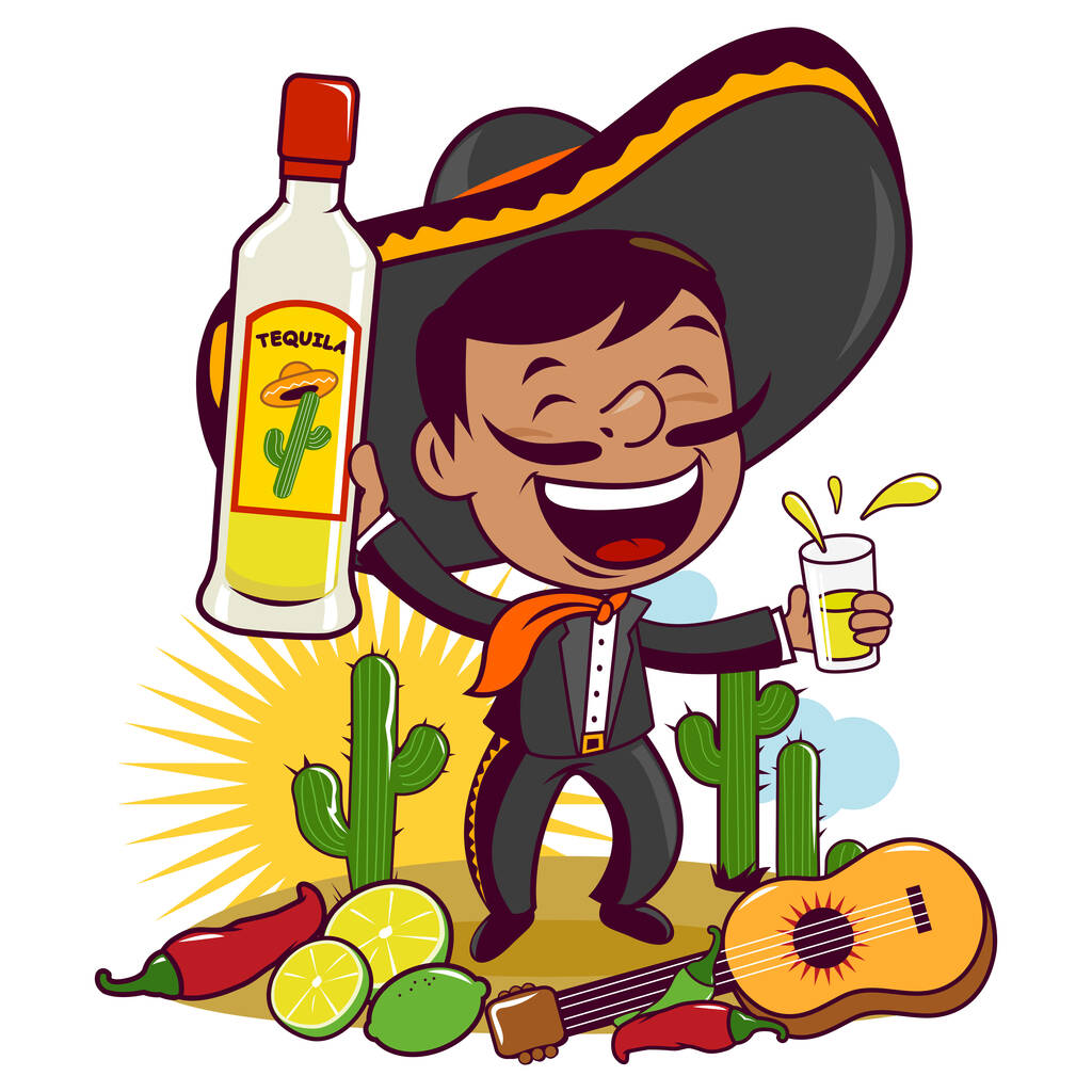 Mexicaanse mariachi man die tequila drinkt in de woestijn. Vectorillustratie - Vector, afbeelding