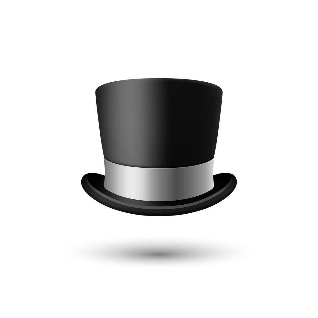 ベクトル3Dリアルなブラックトップホワイトの背景に分離されたシルバーカラーリボンクローズアップと帽子アイコン。クラシックレトロヴィンテージトップ帽子、ヴィンテージ紳士メンズ帽子、フロントビュー. - ベクター画像
