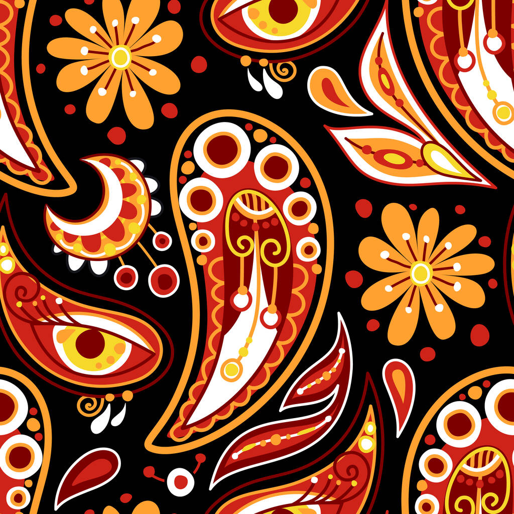 Folklorystyczny bezszwowy wzór z ogórkiem indyjskim Paisley, inspirowany naturą element wzornictwa. Ozdobny abstrakcyjny wzór kwiatowy. Niekończąca się faktura tkaniny, tapety itp. Ilustracja wektora - Wektor, obraz