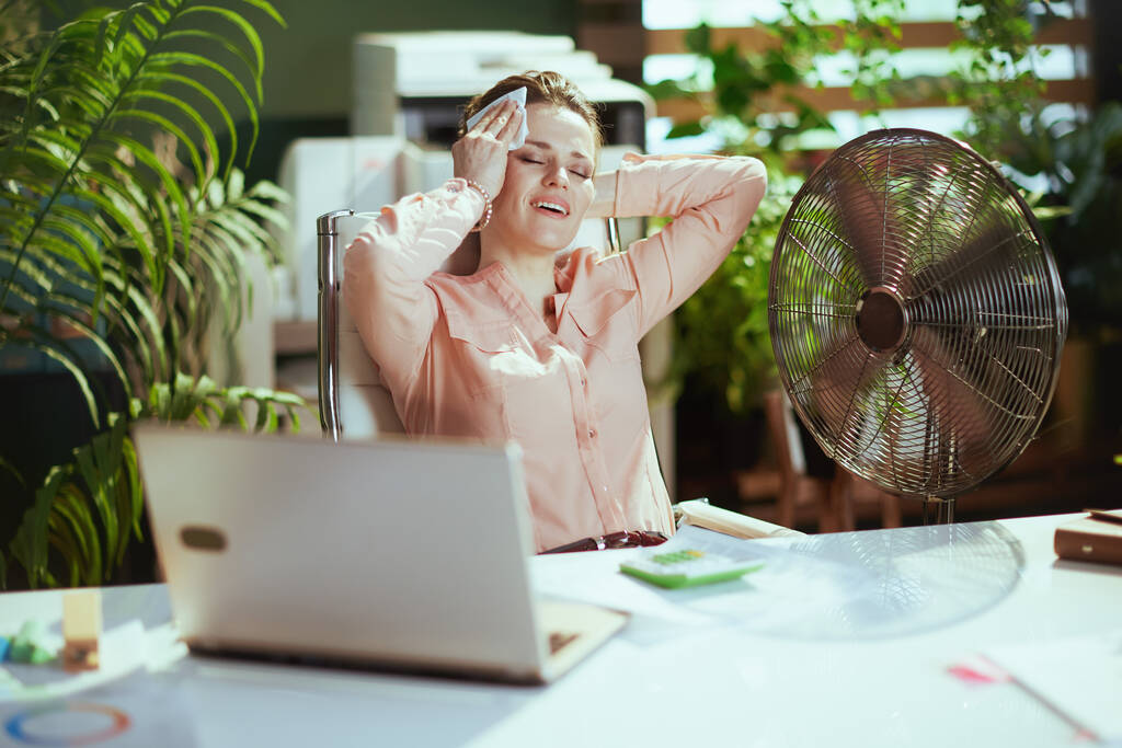 Sustainable workplace. happy modern 40 years old business woman at work with electric fan, laptop and napkin. - Photo, Image