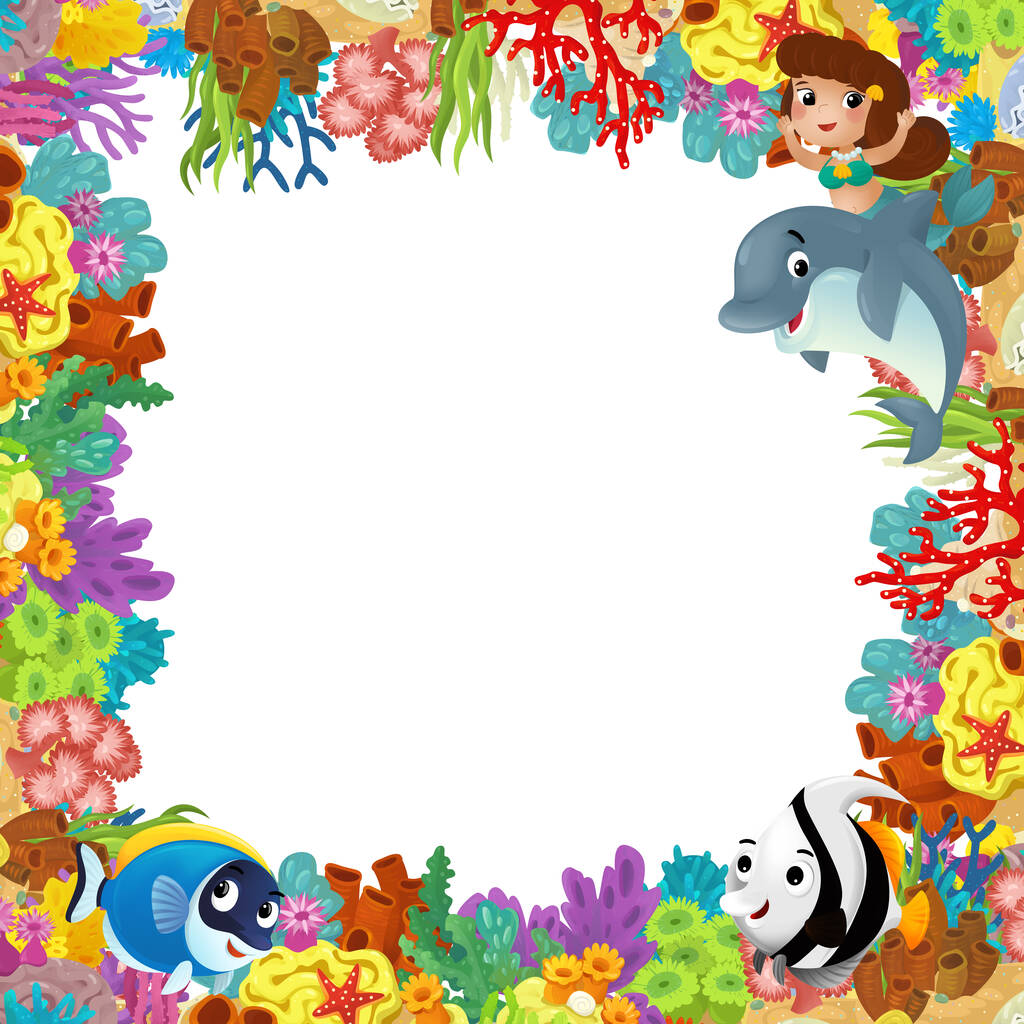 Cartoon-Szene mit Korallenriff und glücklichen Fischen, die in der Nähe der Meerjungfrau Prinzessin schwimmen, isolierte Illustration für Kinder - Foto, Bild