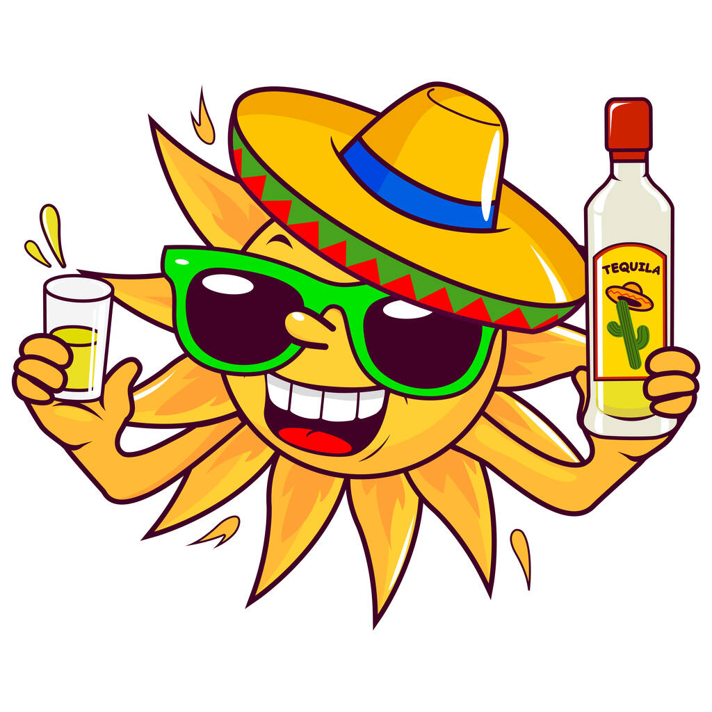 Een tekenfilm zomerzon met een sombrero en een zonnebril, drinken van een shot tequila. Vectorillustratie - Vector, afbeelding