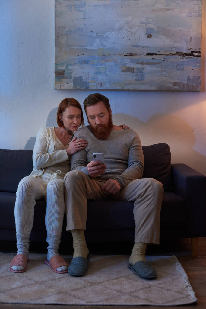social media, night, redhead couple spending time without kids, day off, husband and wife, bearded man using smartphone near woman, comfortable living, cozy living room, carefree, tattooed  - Photo, Image