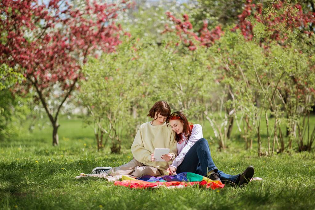 Hyvännäköinen kaksi naista lesbo puistossa makaa huopa ja ottaa joitakin kuvia muistoja käyttäen digitaalinen tabletti he hymyilevät ja tunne niin onnellinen suudella toisiaan. Lgtb - Valokuva, kuva