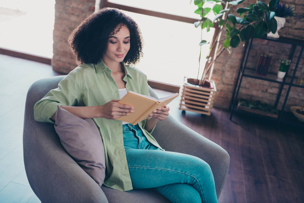Portrait de charmante fille satisfaite assise confortable chaise douce lire livre préféré temps libre appartement moderne à l'intérieur. - Photo, image