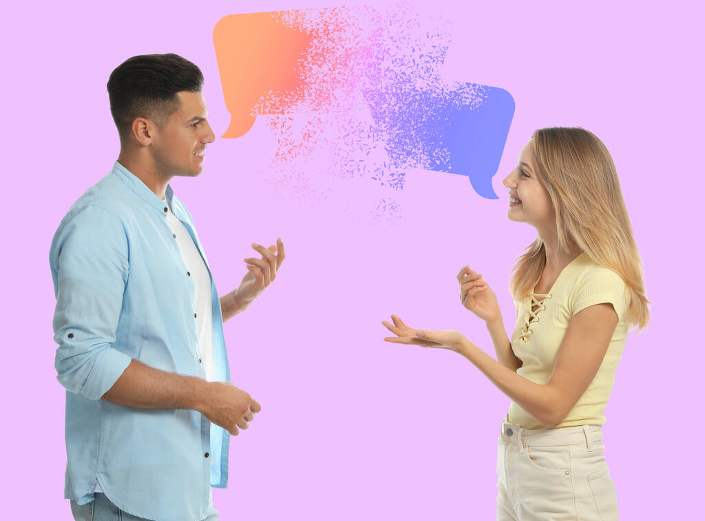 Man and woman talking on light violet background. Dialogue illustration with speech bubbles - Photo, Image
