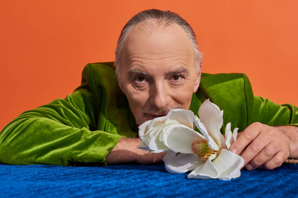 позитивный образ жизни, старший седой мужчина в зеленом бархатном блейзере улыбаясь в камеру возле белого цветка орхидеи на голубом велюре ткани на ярком оранжевом фоне, счастливая и стильная концепция старения - Фото, изображение