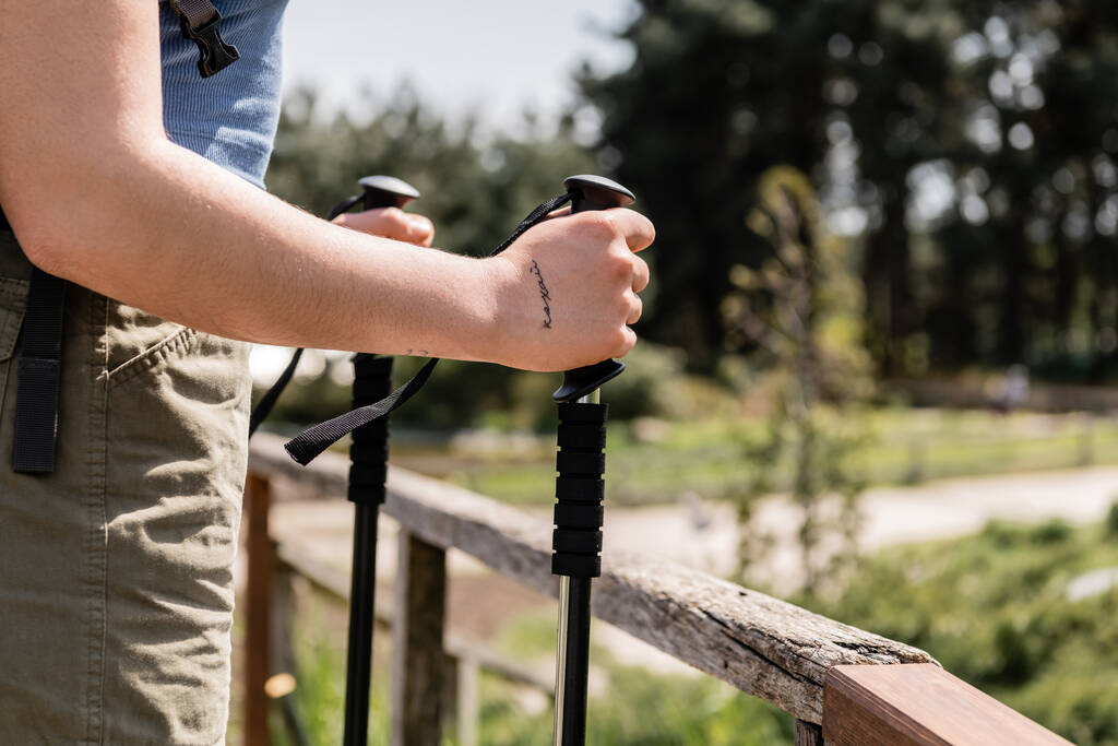 Vista recortada de una joven mujer tatuada que sostiene bastones de trekking mientras está de pie cerca de una valla de madera con la naturaleza al fondo, reconectándose con usted mismo en la naturaleza, Traducción del tatuaje: amor - Foto, Imagen