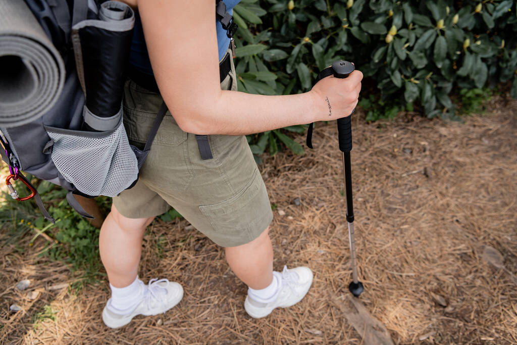 Hoge hoek uitzicht op jonge getatoeëerde vrouwelijke wandelaar met rugzak houden trekking pole tijdens het lopen op pad in de zomer bos, weer in contact met jezelf in de natuur concept, Vertaling van tatoeage: liefde - Foto, afbeelding