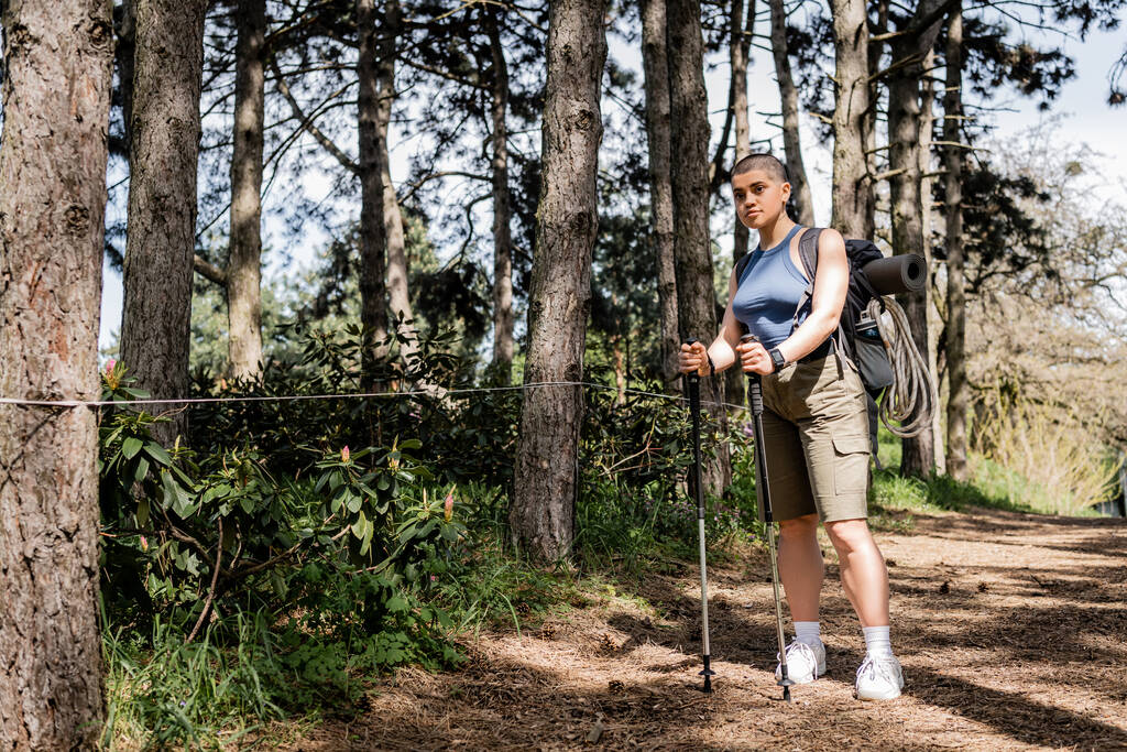 Jeune randonneuse aux cheveux courts avec sac à dos et équipement de voyage tenant des bâtons de trekking et regardant la caméra debout dans la forêt d'été, concept de randonnée pour la santé et le bien-être  - Photo, image