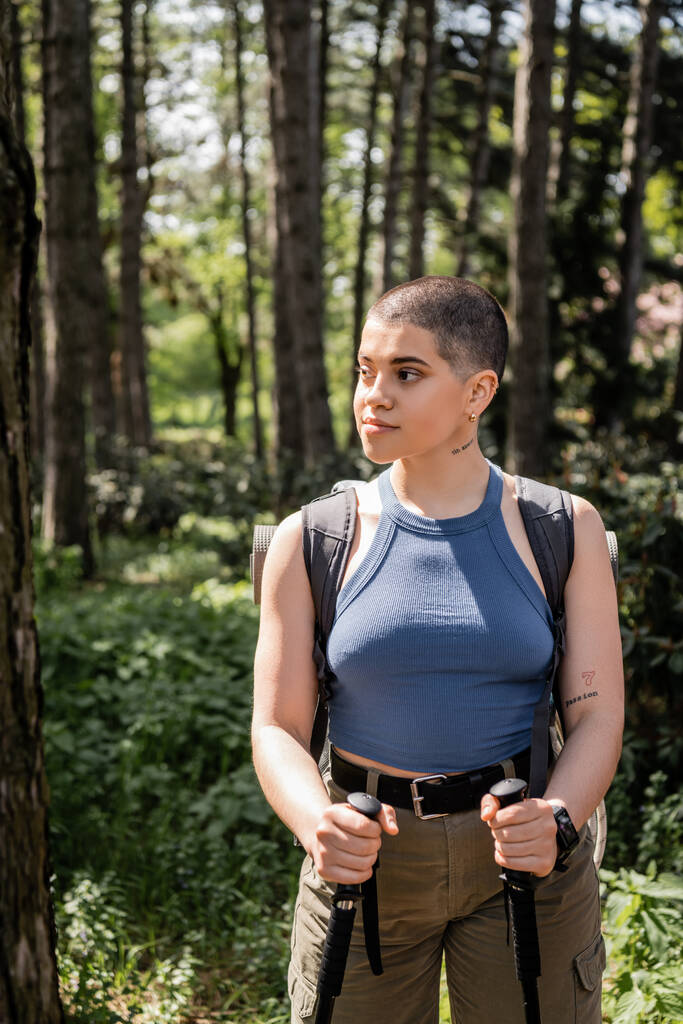Young and confident short haired and tattooed female hiker with backpack holding trekking poles and looking away while standing in summer forest, hiking for health and wellness concept  - Photo, Image