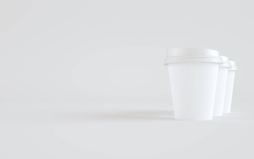 8oz 。紙コーヒーカップ蓋付きモックアップ- 3カップ.3Dイラスト - 写真・画像