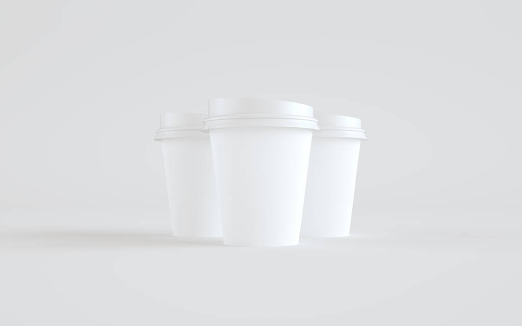 8oz 。紙コーヒーカップ蓋付きモックアップ- 3カップ.3Dイラスト - 写真・画像