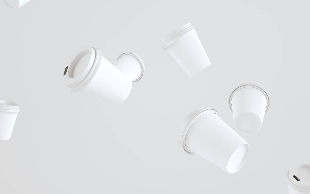 8 oz. Papírový šálek kávy Mockup s víčkem - více plovoucí poháry. 3D ilustrace - Fotografie, Obrázek