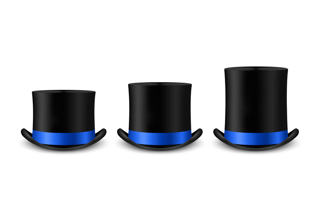 Vektor 3d realistické Black Top Klobouk ikony Set s modrou stuhou Různé velikosti Closeup Izolované. Klasický retro ročník Top Hat Collection, Vintage Gentlemans pánské klobouky, přední pohled. - Vektor, obrázek