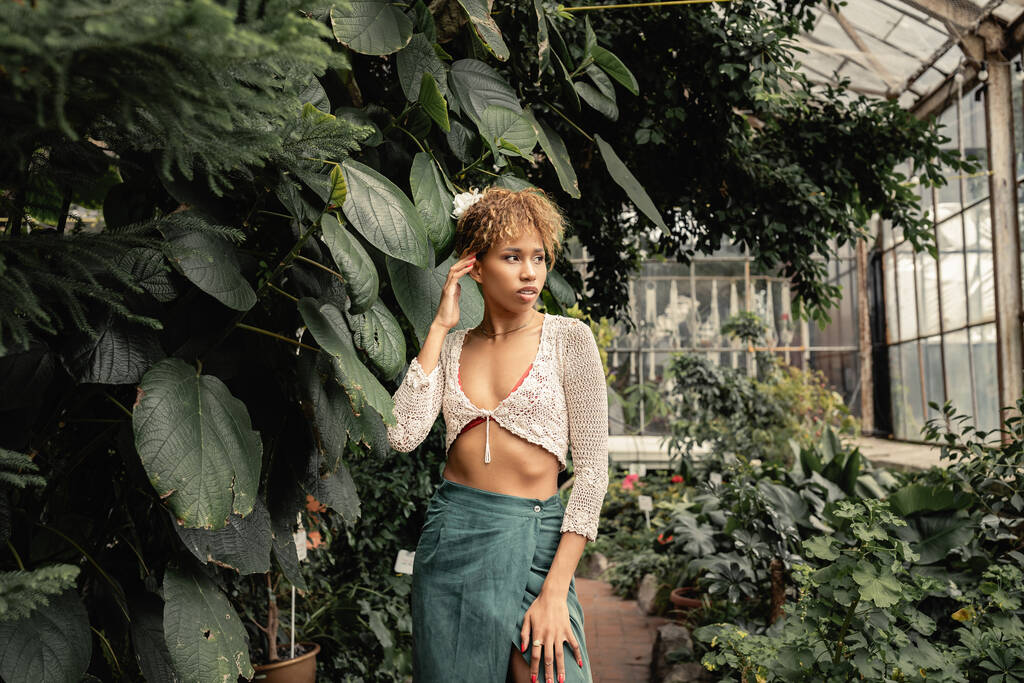 Confiante jeune femme afro-américaine en été tricot haut et jupe regardant loin tout en se tenant près des plantes dans le jardin intérieur flou, dame avant-gardiste dans l'oasis tropicale - Photo, image