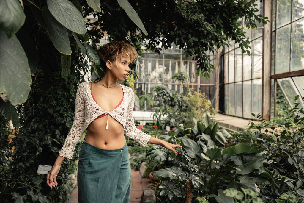 Jeune femme afro-américaine à la mode en jupe d'été et top tricoté touchant la plante et regardant loin tout en se tenant dans une serre floue à l'arrière-plan, dame élégante entourée de verdure luxuriante - Photo, image