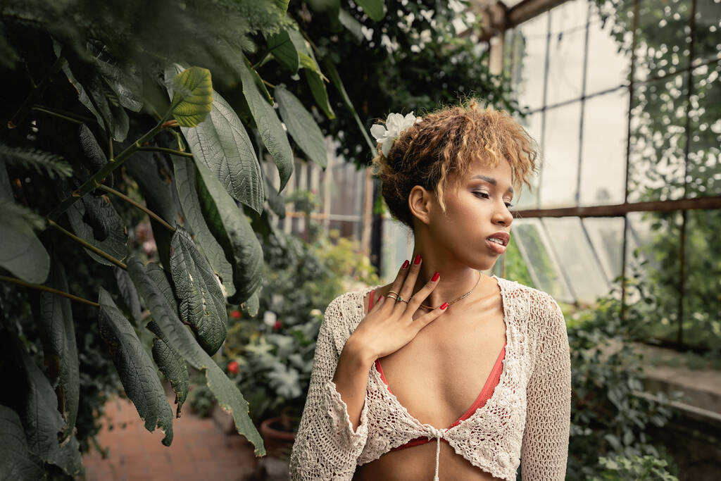 Jeune femme afro-américaine tendance en tenue d'été et haut tricoté touchant le cou tout en se tenant près de plantes vertes dans un jardin intérieur flou à l'arrière-plan, dame élégante entourée de verdure luxuriante - Photo, image