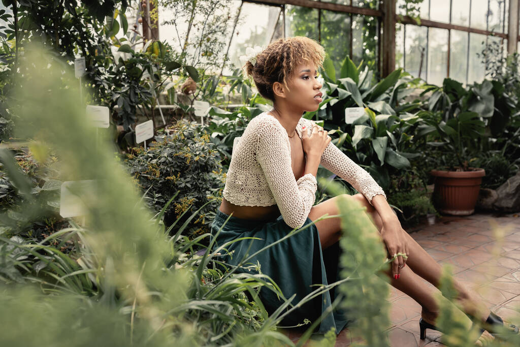 Fiatal és nyugodt afro-amerikai nő nyári ruhában és kötött top ül közelében zöld növények elmosódott beltéri kertben a háttérben, divat előre hölgy közepén trópusi növényzet - Fotó, kép