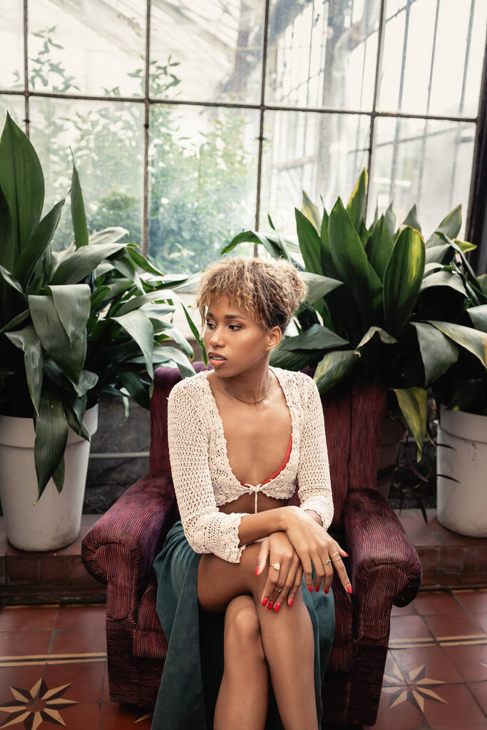 Trendy jonge Afro-Amerikaanse vrouw in de zomer gebreide top en rok weg te kijken terwijl zittend op fauteuil in de buurt van planten in oranjerie, fashionista poseren temidden van tropische flora, zomer concept - Foto, afbeelding
