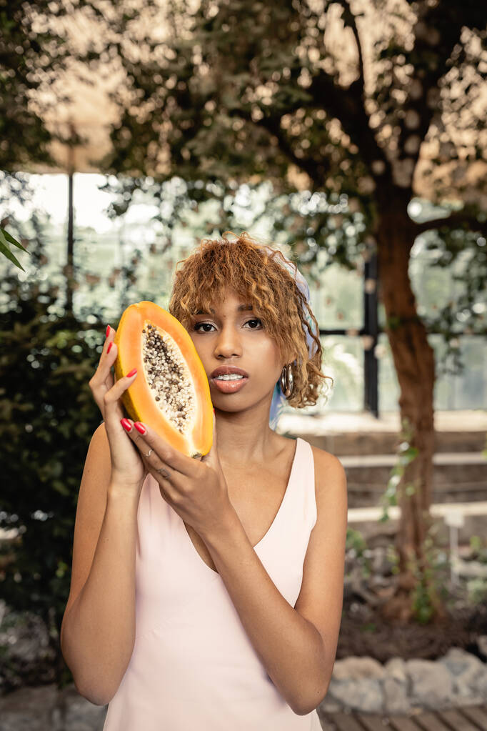 Élégante jeune femme afro-américaine en robe d'été tenant papaye fraîche et regardant la caméra tout en se tenant debout dans un jardin intérieur flou, élégante dame mélangeant mode et nature, concept d'été - Photo, image