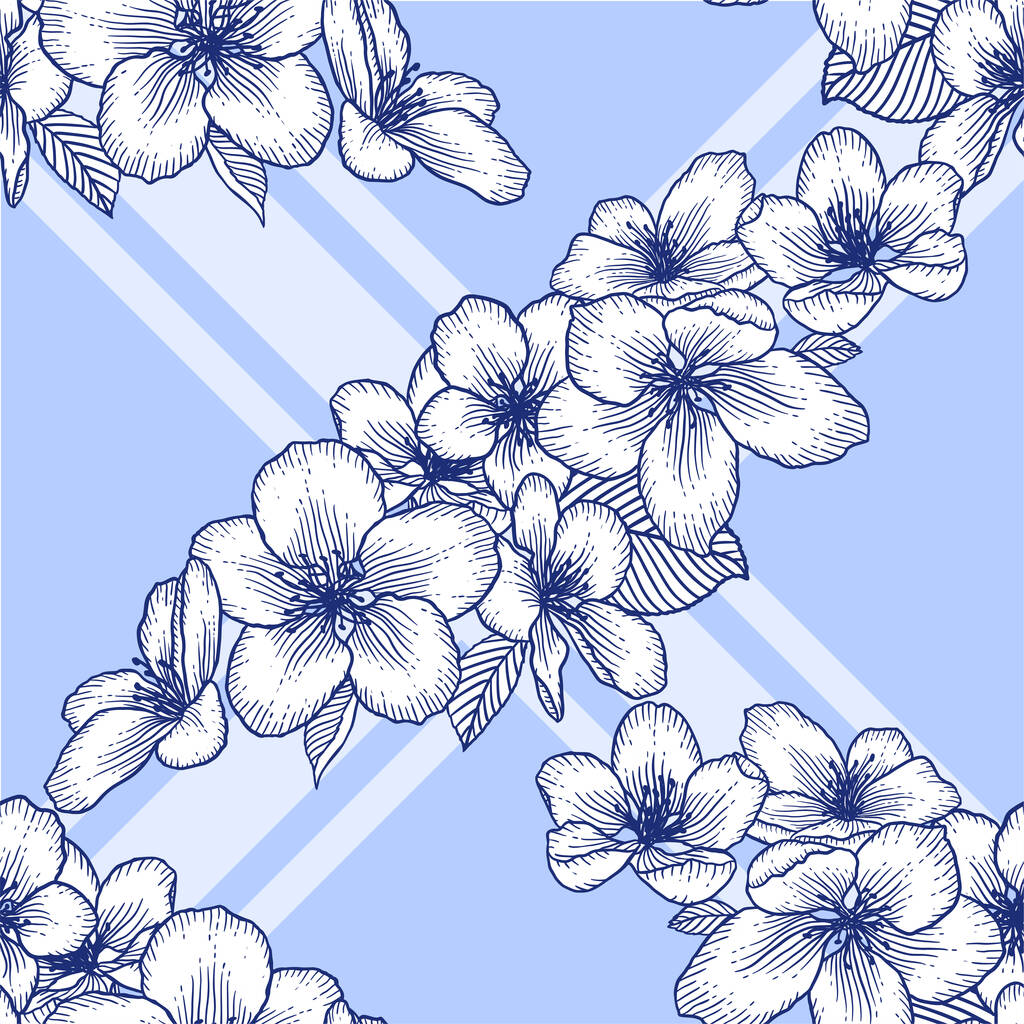 Beautiful seamless white and blue floral pattern with apple flowers. Nature botanical sakura bloom vector background illustration. Stock graphic design. - Vector, Image